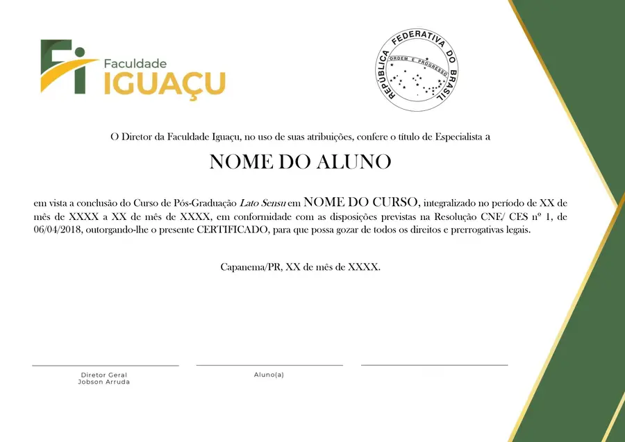 Modelo do certificado de pós-graduação da Faculdade Iguaçu